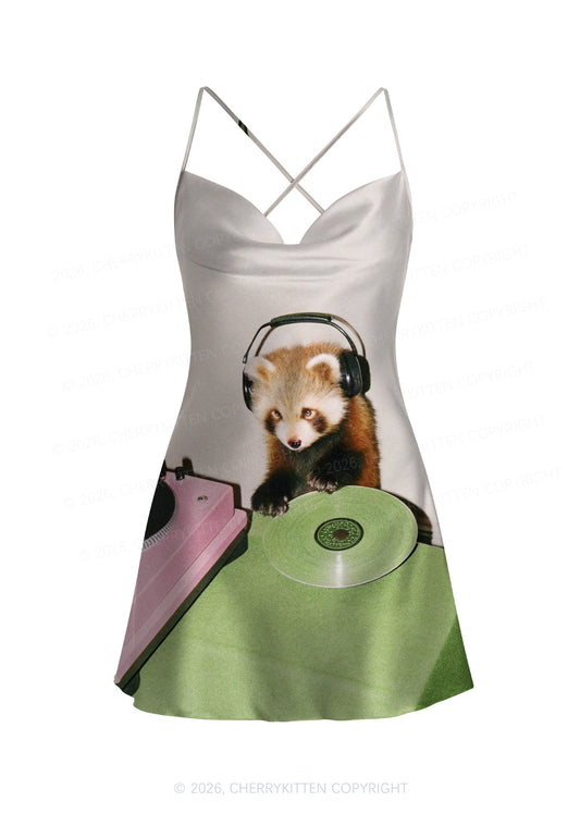 Red Panda DJ Y2K Print Satin Cowl Neck Slip Dress Cherrykitten