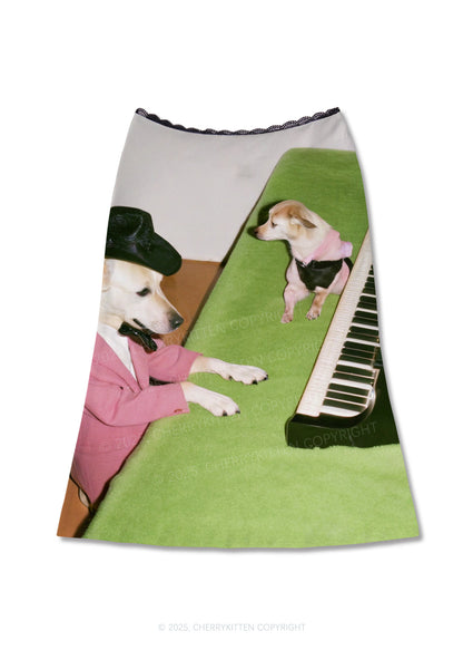 Piano Pups Y2K Print Midi Skirt Cherrykitten