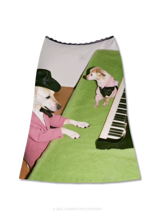 Piano Pups Y2K Print Midi Skirt Cherrykitten