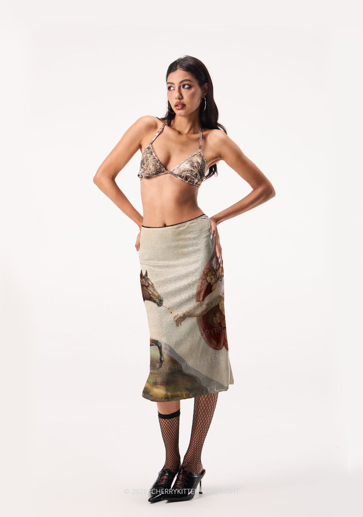 God Smoking Horse Y2K Print Midi Skirt Cherrykitten