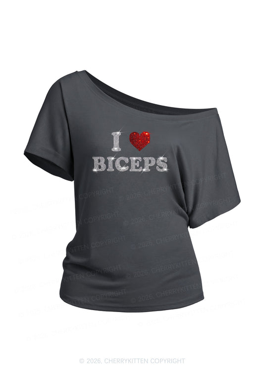 Rhinestone I Love Biceps Y2K Off Shoulder Tee Cherrykitten