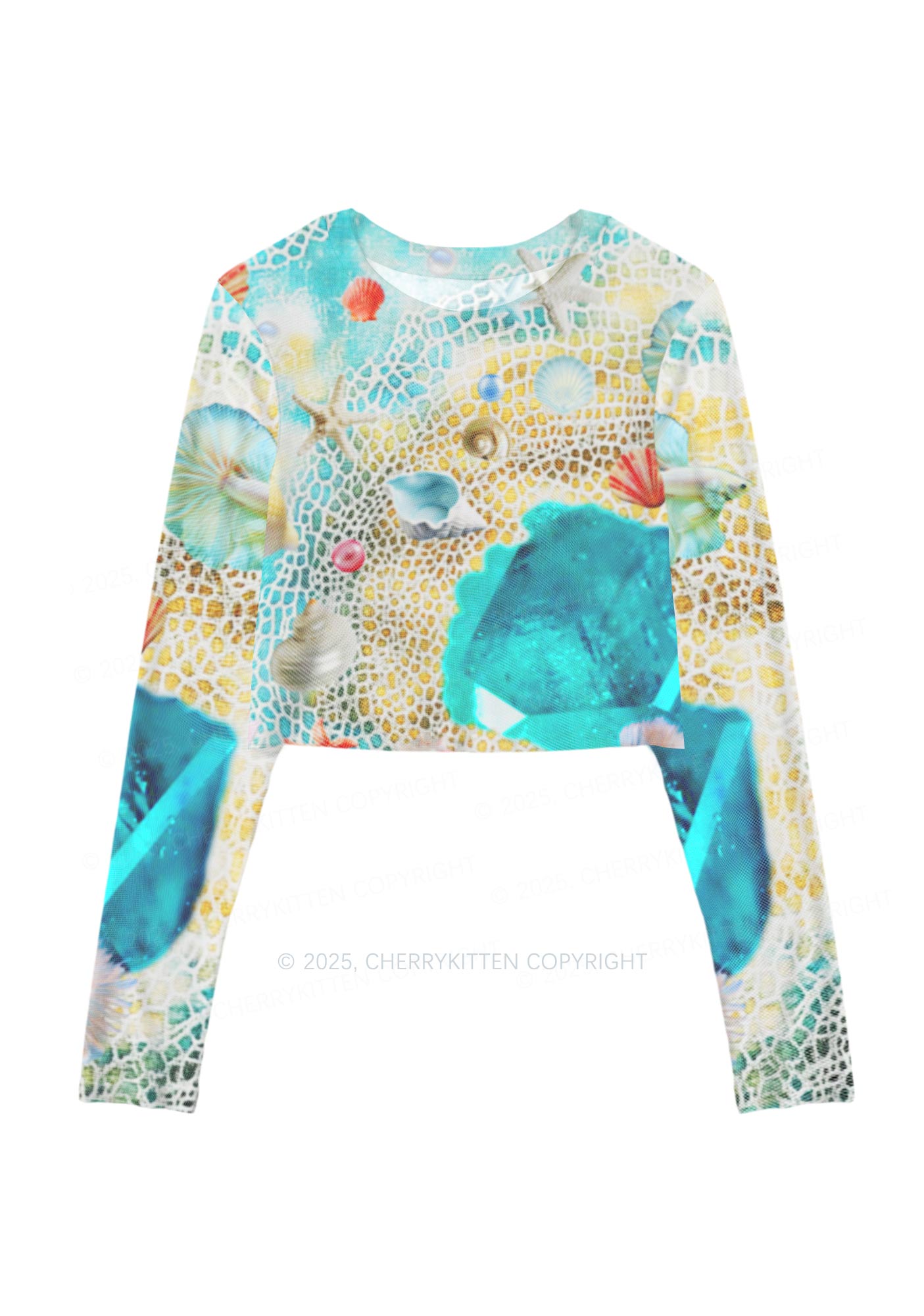 Seashell Fantasy Y2K Mesh Long Sleeve Crop Top Cherrykitten