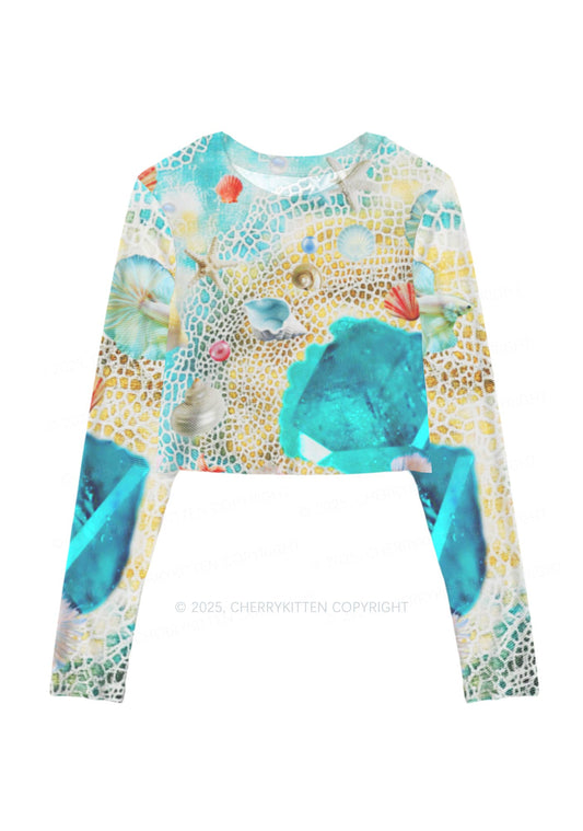Seashell Fantasy Y2K Mesh Long Sleeve Crop Top Cherrykitten