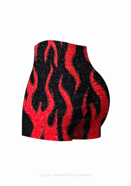 Red Flame Y2K Print Yoga Shorts Cherrykitten