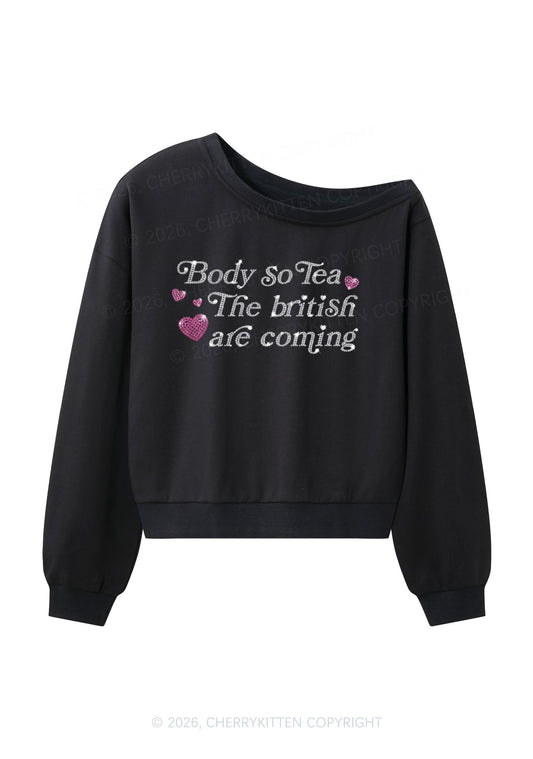 Rhinestone Body So Tea Y2K Off Shoulder Sweatshirts Cherrykitten