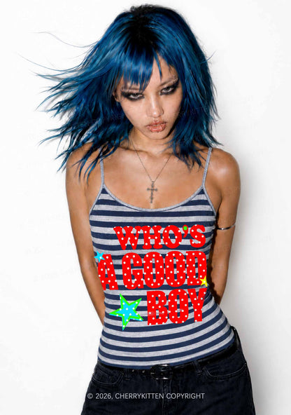 Whos A Good Boy Polka Dots Y2K Navy Grey Striped Spaghetti Strap Cami Cherrykitten