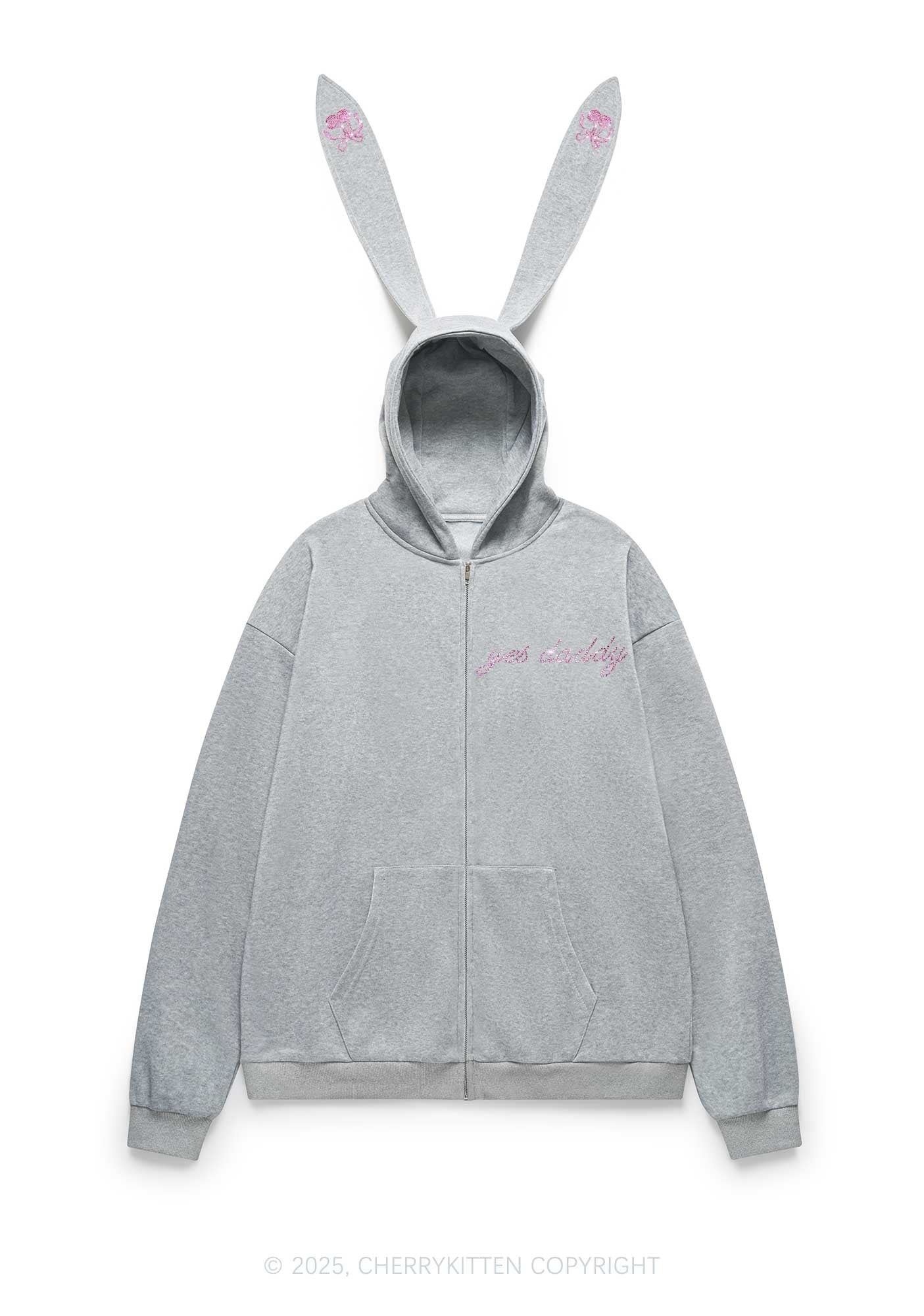 Rhinestone Yes Daddy Y2K Bunny Ear Zip Hoodie Cherrykitten