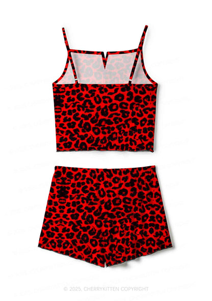 Red Leopard Y2K Print Cami Shorts Pajama Set Cherrykitten
