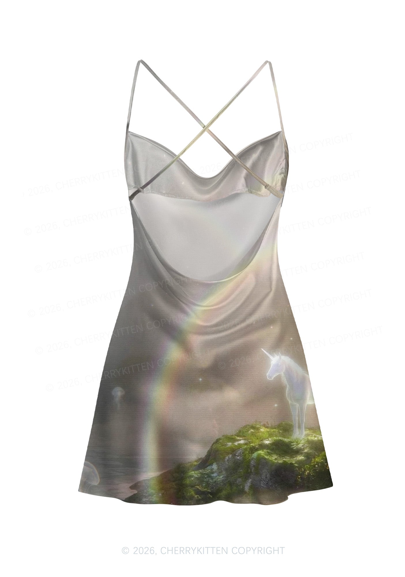 Rainbow Glowing Unicorn Y2K Print Satin Cowl Neck Slip Dress Cherrykitten