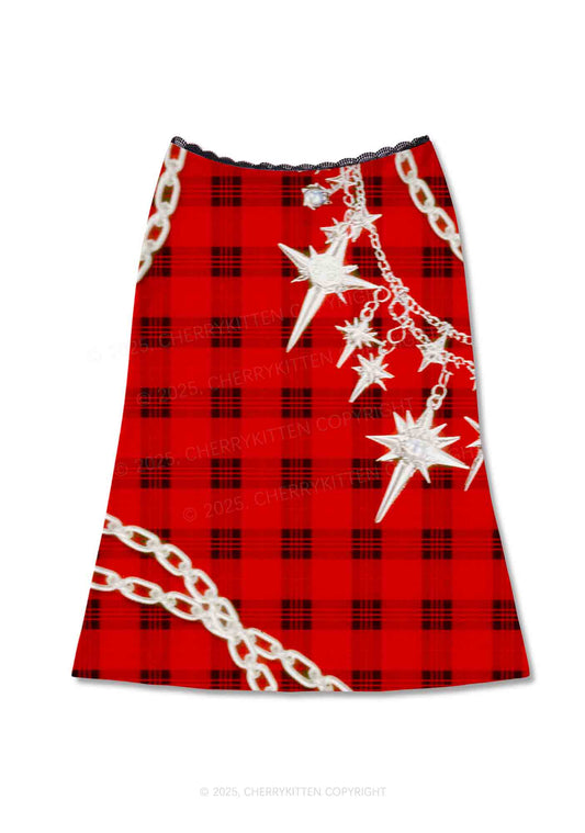 Star Chain Black Pattern Y2K Print Midi Skirt Cherrykitten
