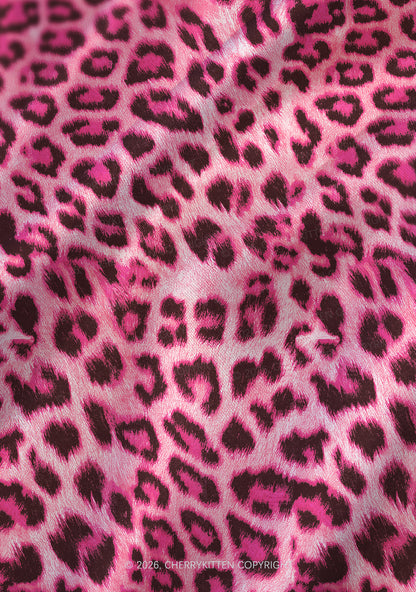 Pink Leopard Y2K Print Satin Cowl Neck Slip Dress Cherrykitten