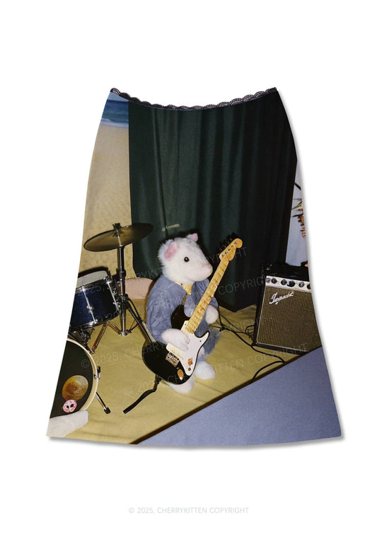 Hamster Rock Band Y2K Print Midi Skirt Cherrykitten