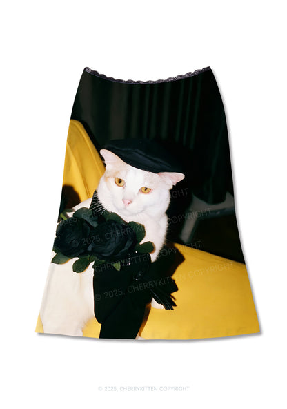Cat With Black Roses Y2K Print Midi Skirt Cherrykitten