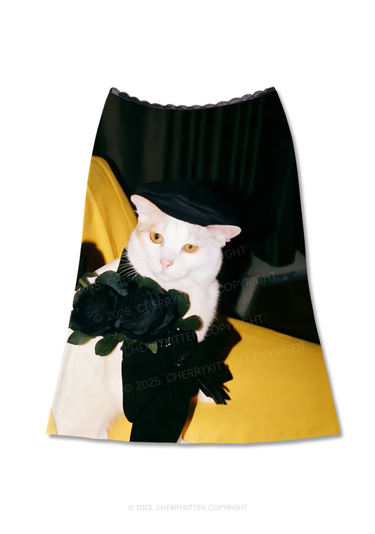 Cat With Black Roses Y2K Print Midi Skirt Cherrykitten