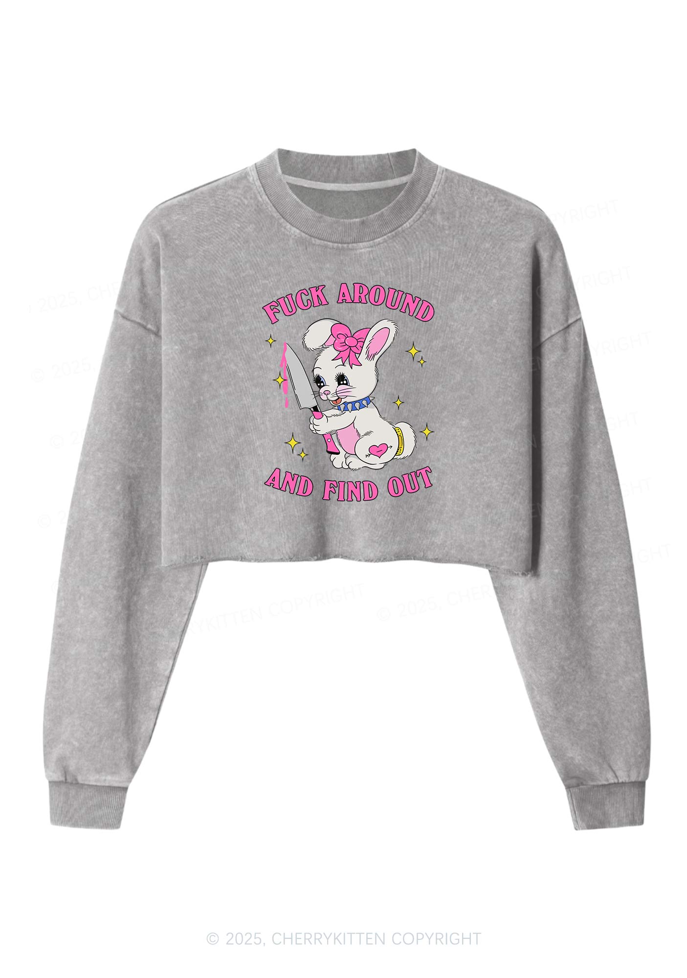 Fxxk Around Bunny Y2K Crop Washed Sweatshirts Cherrykitten