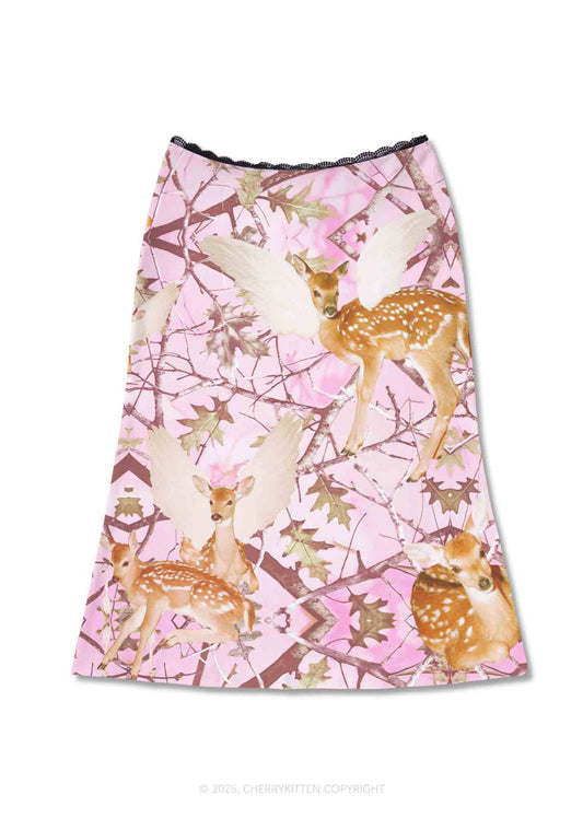 Pink Wood Deer Y2K Print Midi Skirt Cherrykitten