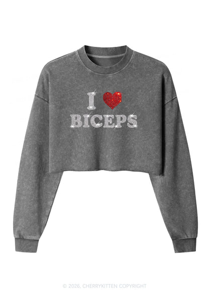 Rhinestone I Love Biceps Y2K Crop Washed Sweatshirts Cherrykitten