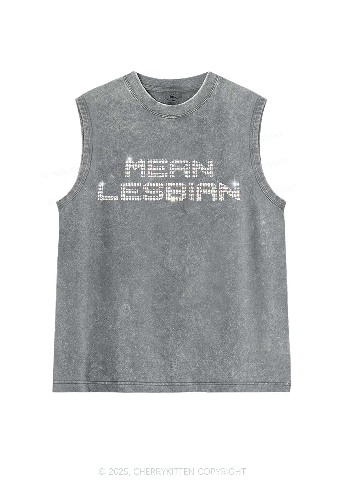 Rhinestone Mean Lesbian Pride Y2K Washed Muscle Tank Cherrykitten