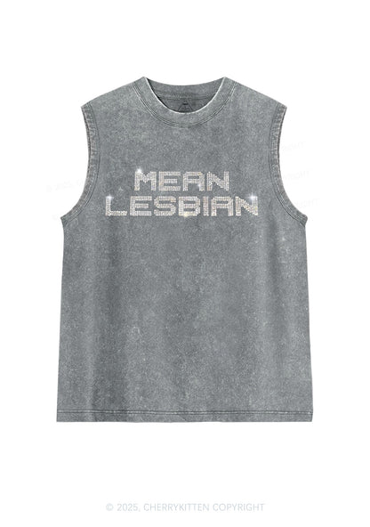 Rhinestone Mean Lesbian Pride Y2K Washed Muscle Tank Cherrykitten