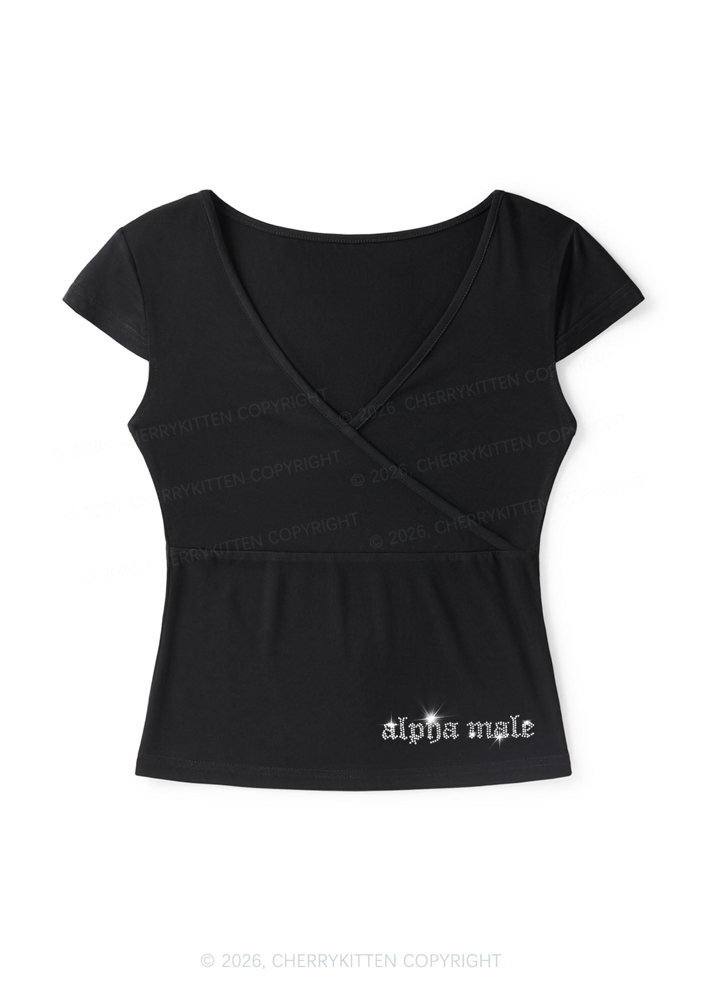 Rhinestone Mini Alpha Male Y2K Wrap V Neck T Shirts Cherrykitten