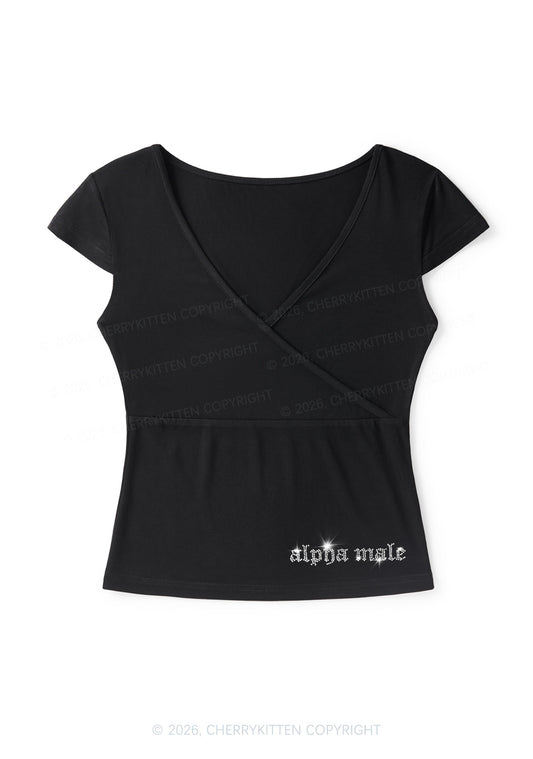 Rhinestone Mini Alpha Male Y2K Wrap V Neck T Shirts Cherrykitten