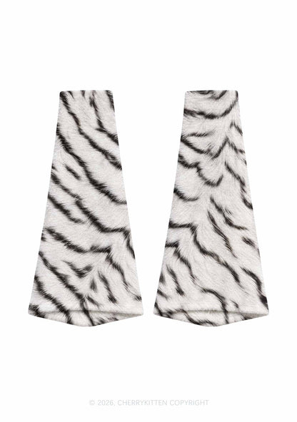 White Tiger Stripe Y2K Print Fuzzy Flared Leg Warmers Cherrykitten