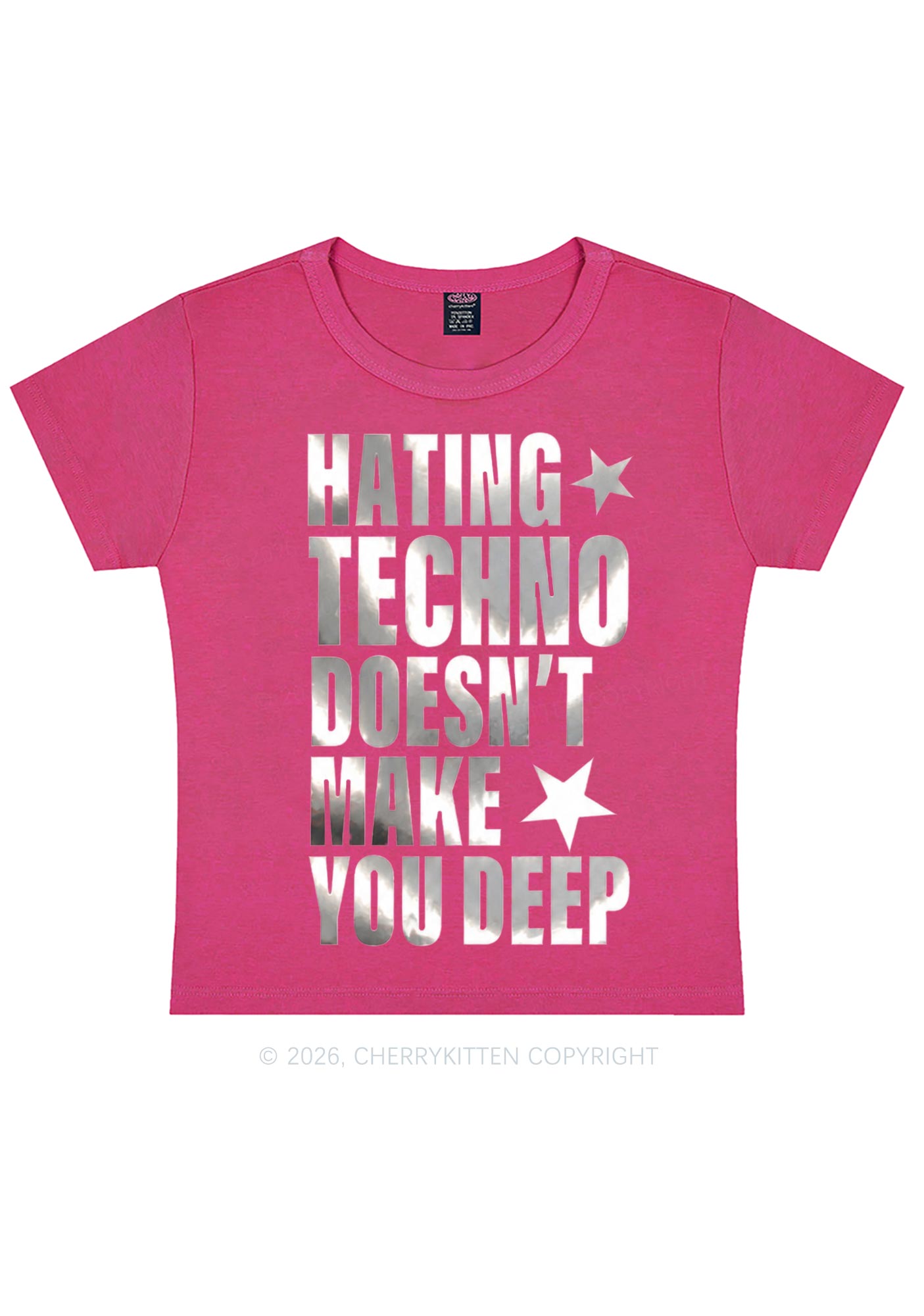 Hating Techno Silver Foil Printed Y2K Baby Tee Cherrykitten