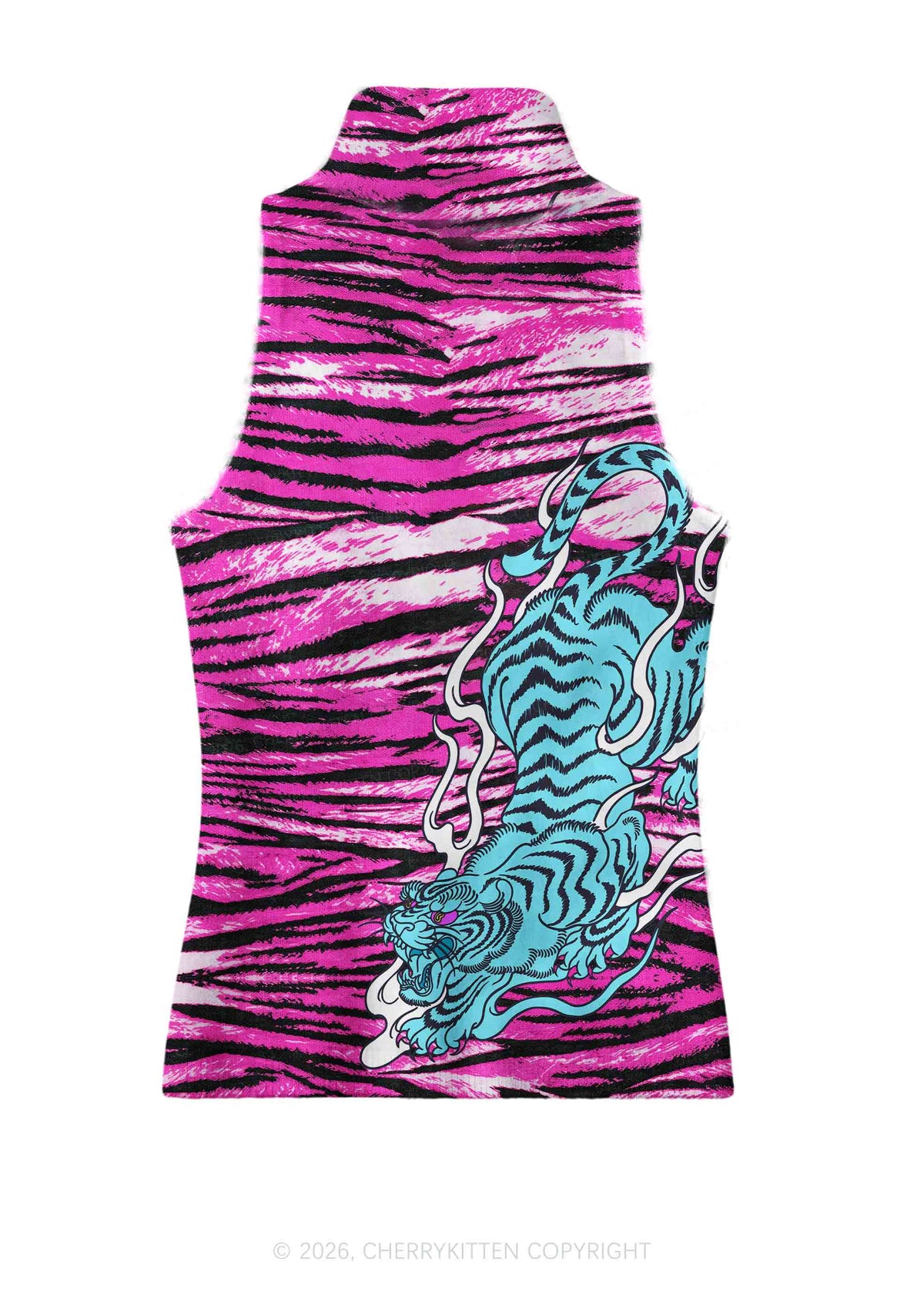 Blue Tiger Pink Zebra Stripe Y2K Knit Turtleneck Tank Top Cherrykitten