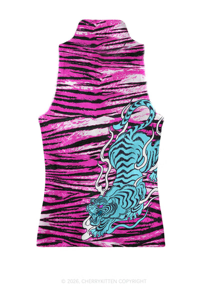 Blue Tiger Pink Zebra Stripe Y2K Knit Turtleneck Tank Top Cherrykitten