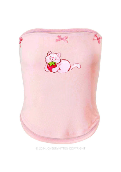 Strawberry Cat Y2K Pink Bow Tie Tube Top Cherrykitten