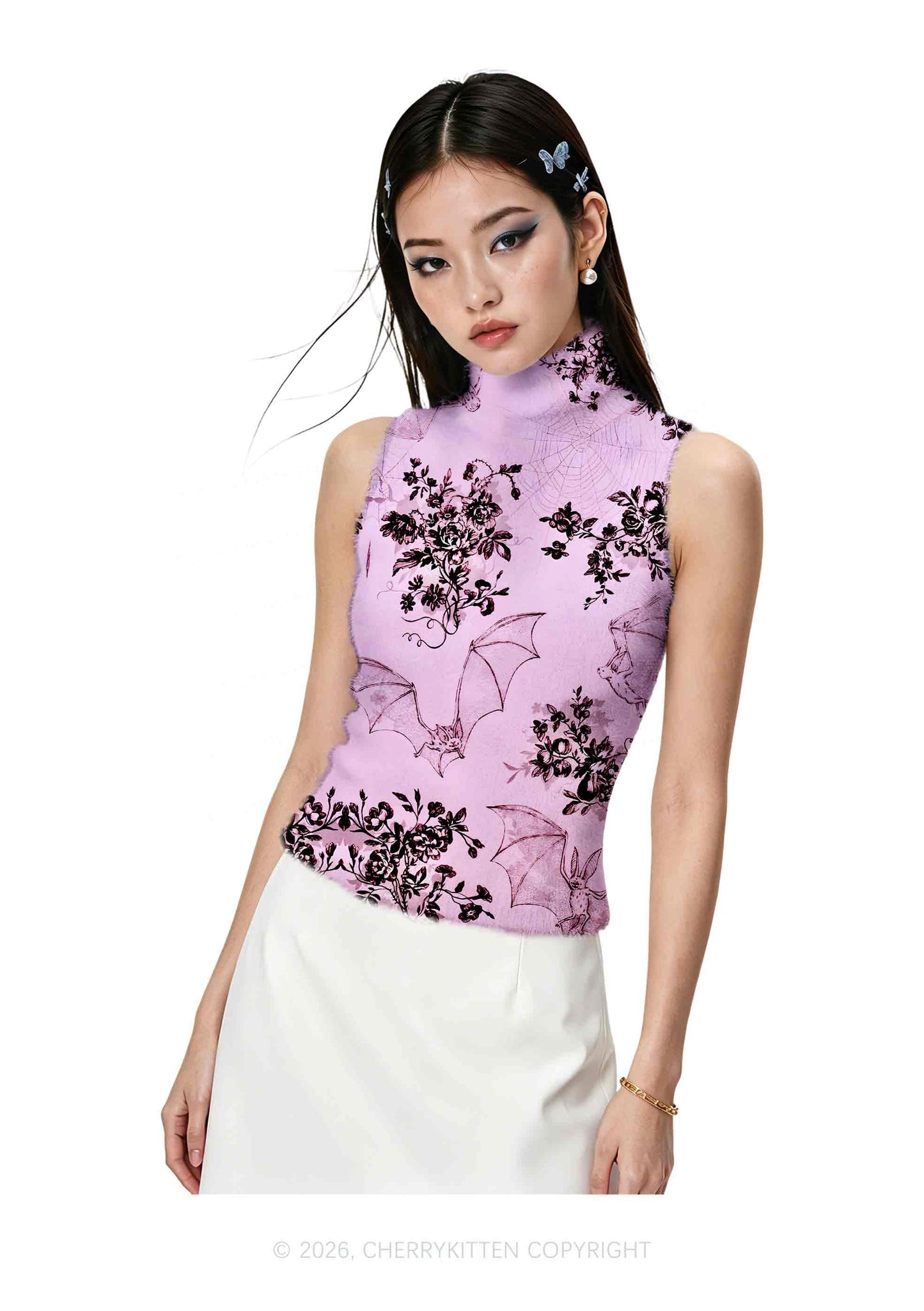 Pink Bat Y2K Knit Turtleneck Tank Top Cherrykitten