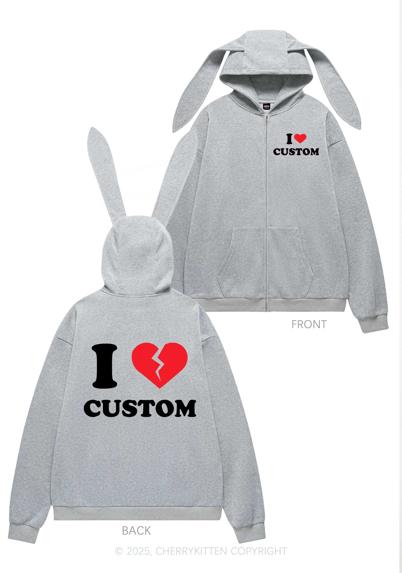 I Broken Love Custom Personalized Y2K Bunny Ear Zip Hoodie Cherrykitten