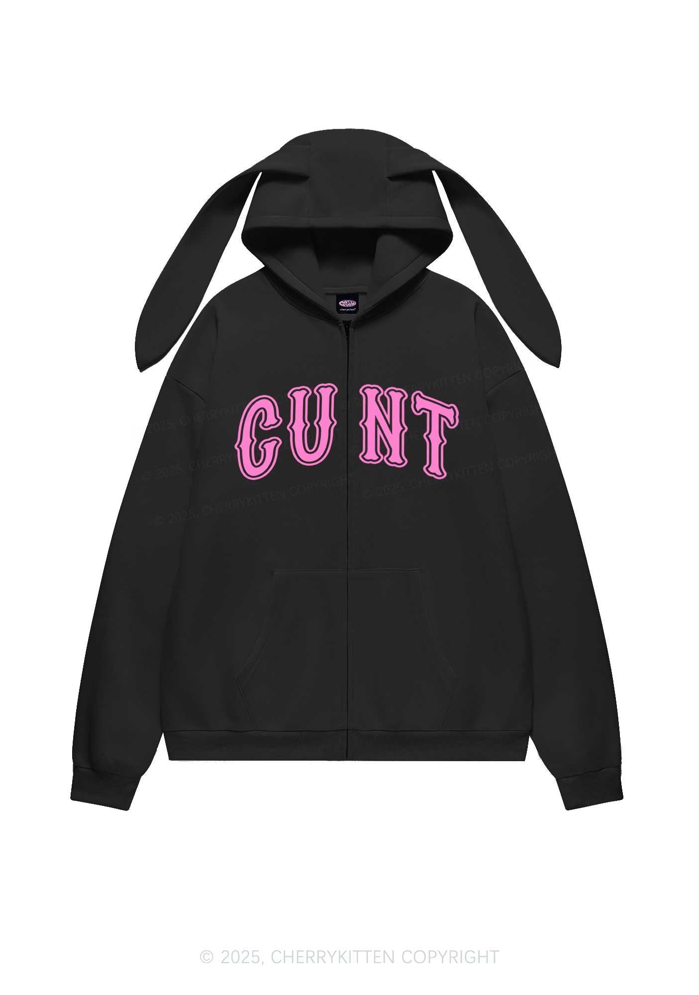 Pink Cxxt Y2K Bunny Ear Zip Hoodie Cherrykitten