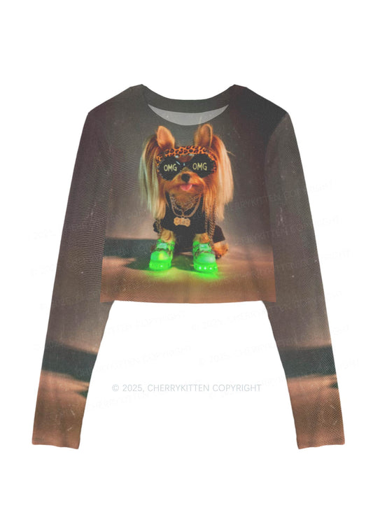 OMG Doggy Y2K Mesh Long Sleeve Crop Top Cherrykitten