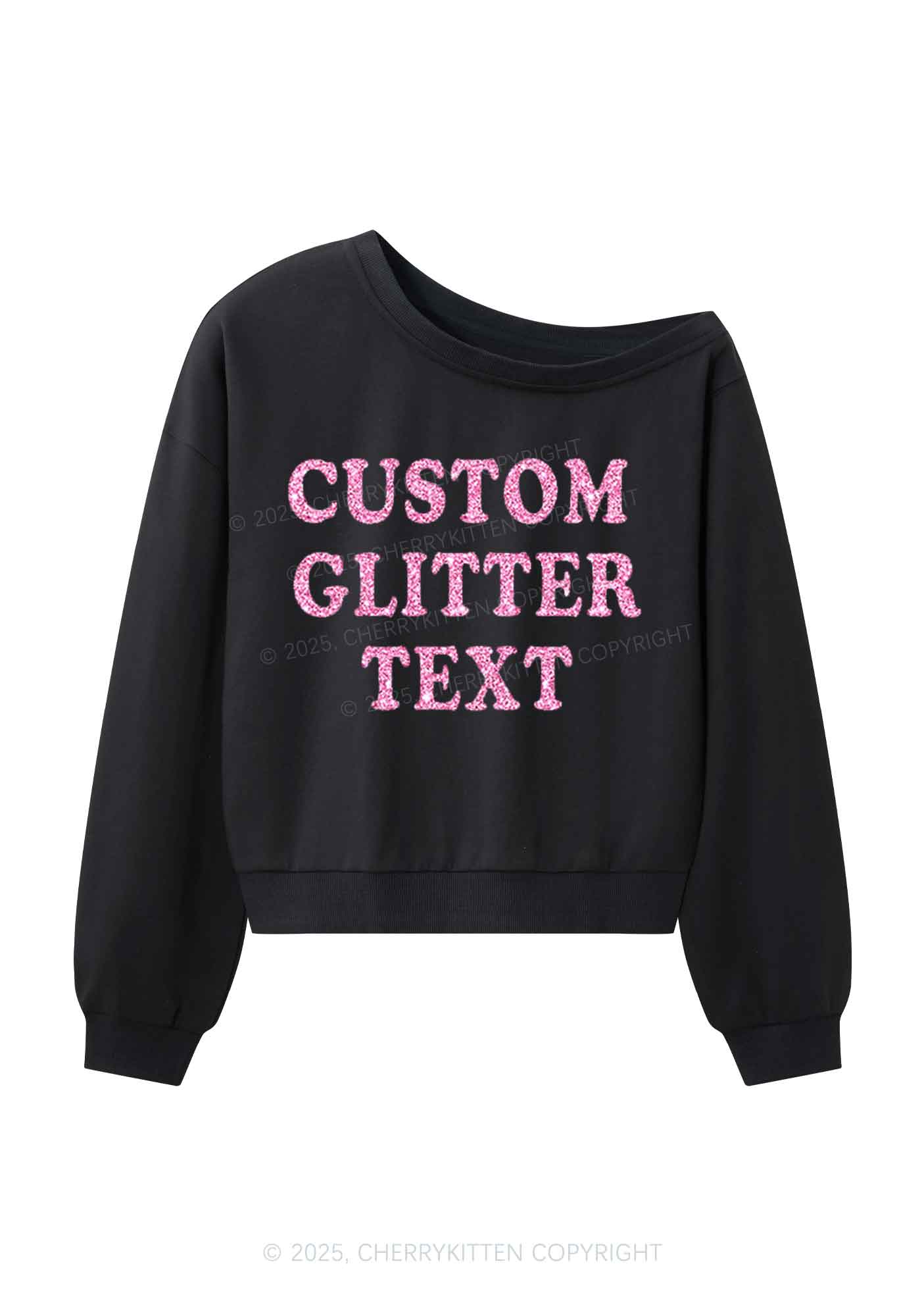 Custom Text Glitter Y2K Off Shoulder Sweatshirts Cherrykitten