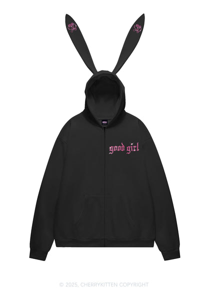 Rhinestone Good Girl Y2K Bunny Ear Zip Hoodie Cherrykitten