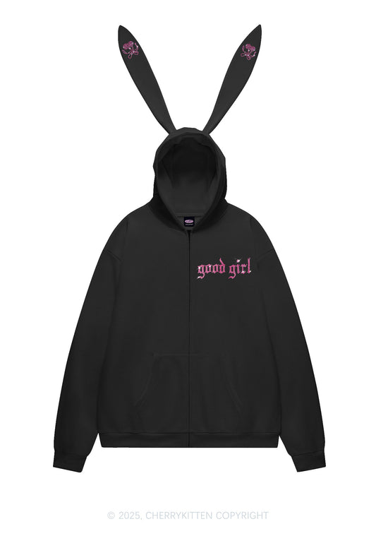 Rhinestone Good Girl Y2K Bunny Ear Zip Hoodie Cherrykitten