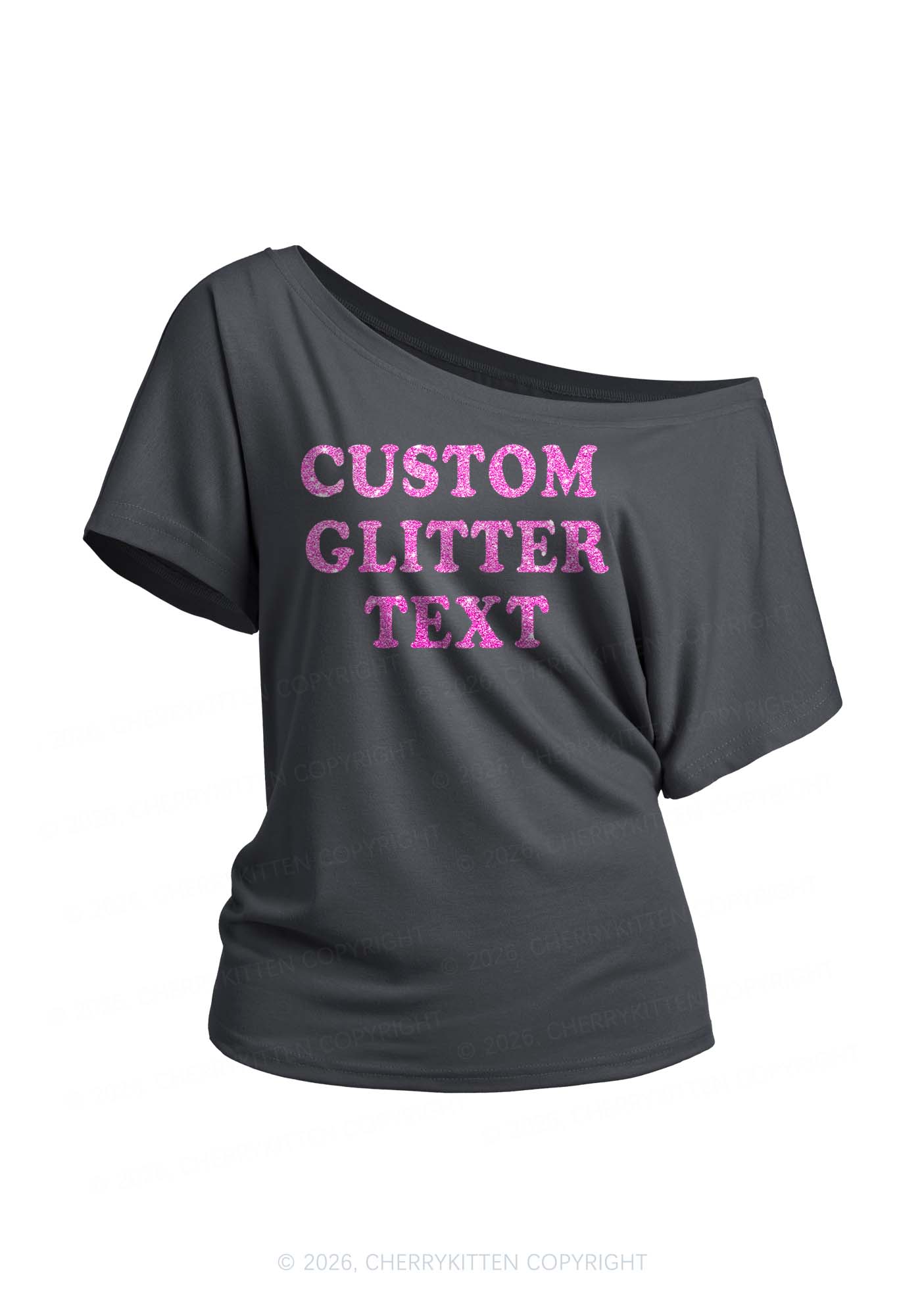 Custom Text Glitter Y2K Off Shoulder Tee Cherrykitten