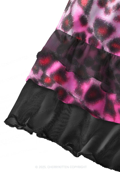 Glitter Pink Leopard Y2K Print Mini Layered Skirt Cherrykitten
