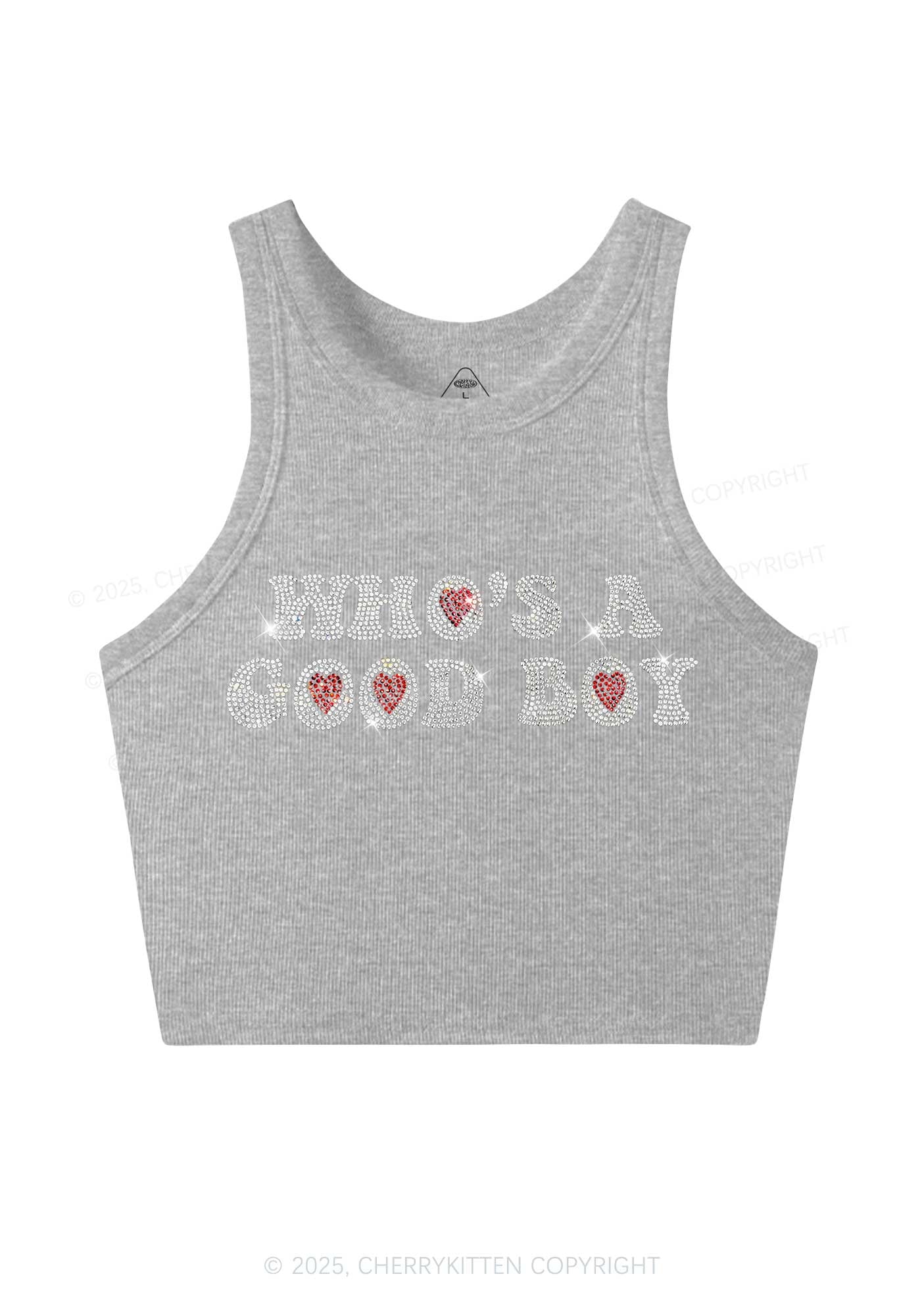 Rhinestone Whos A Good Boy Y2K Crop Tank Top Cherrykitten
