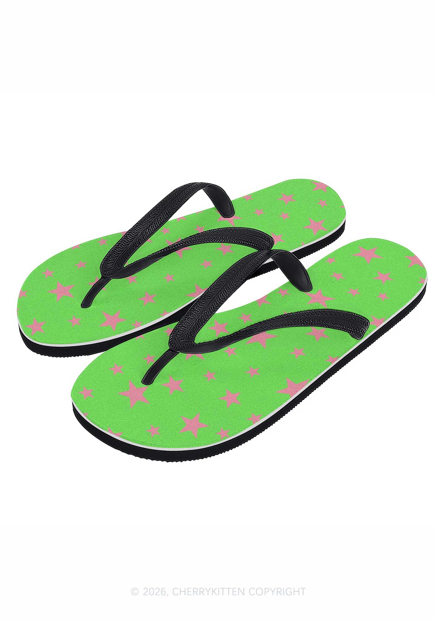 Pink Star On Green Y2K Print Flip Flops Cherrykitten