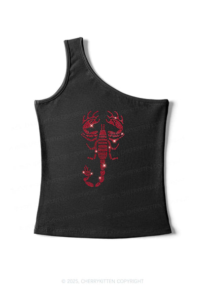 Rhinestone Red Scorpion Y2K One Shoulder Tank Top Cherrykitten