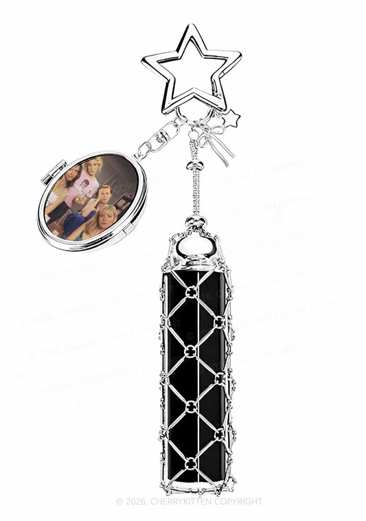 Girl Puzzled 1pc Y2K Metal Mesh Lipstick Holder Keychain With Mirror Cherrykitten