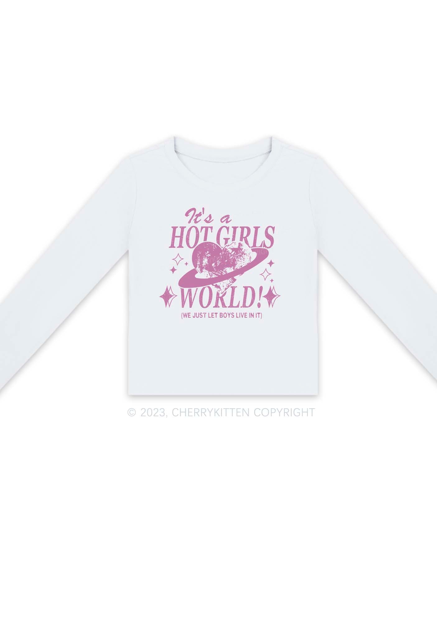 It's A Hot Girls World Y2K Long Sleeve Crop Top Cherrykitten