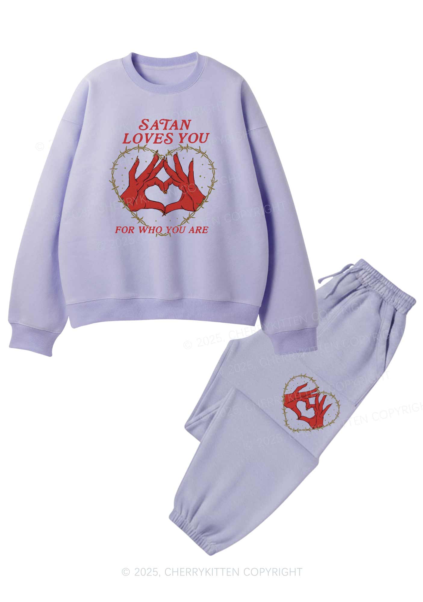 Halloween Satan Loves You Heart Y2K Fleece Sweatshirts Set Cherrykitten