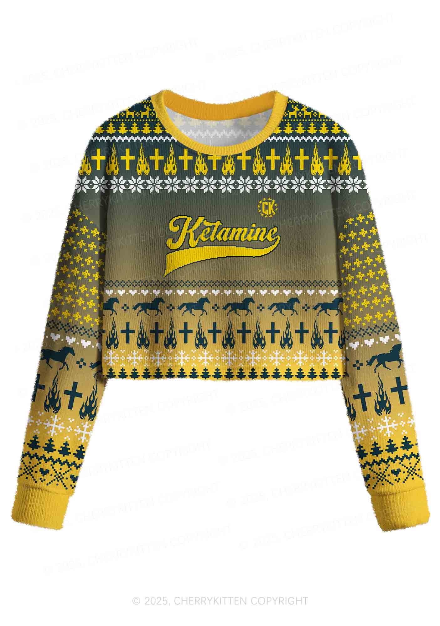 Yellow K Pony Y2K Christmas Crop Knit Sweatshirt Cherrykitten