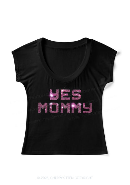 Rhinestone Yes Mommy Y2K V Neck T Shirts Cherrykitten