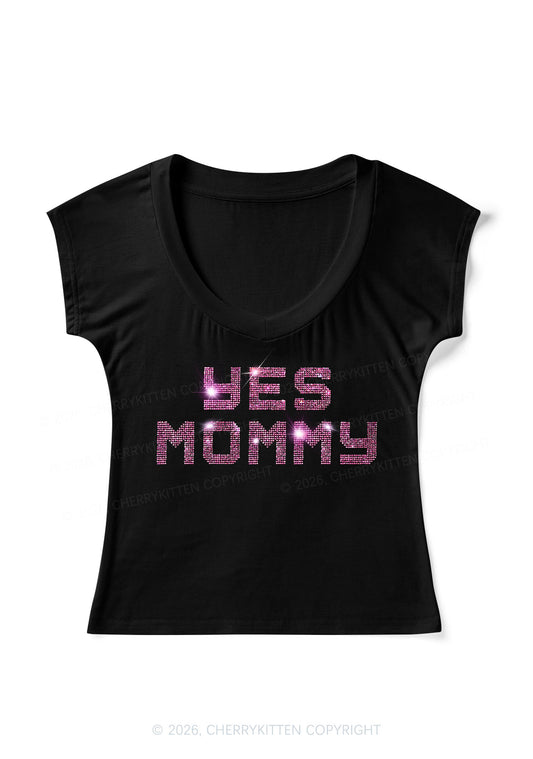 Rhinestone Yes Mommy Y2K V Neck T Shirts Cherrykitten