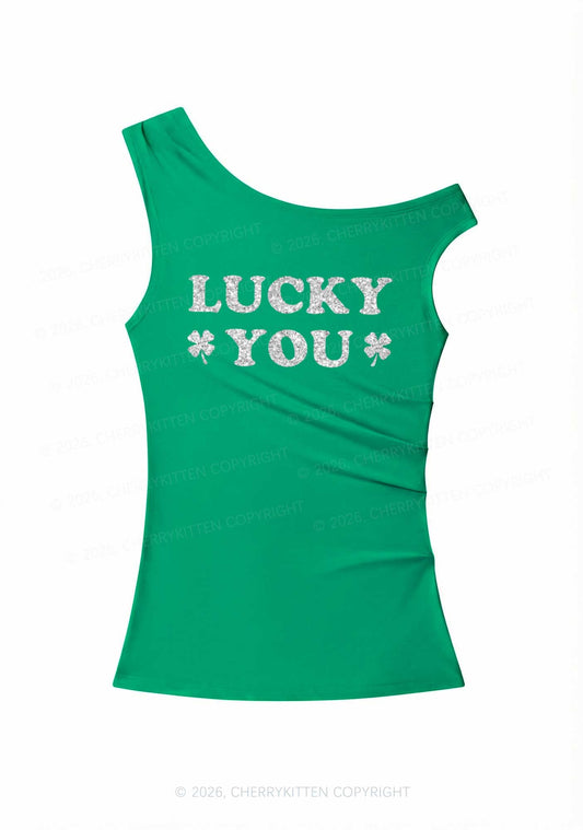 Glitter Lucky Green St Patricks Y2K Off Shoulder Tank Top Cherrykitten