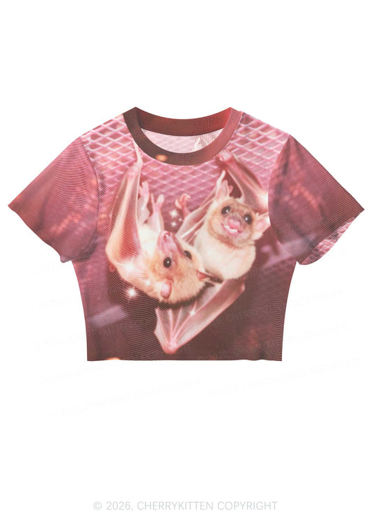 Halloween Two Baby Bats Y2K Mesh Crop Top Cherrykitten